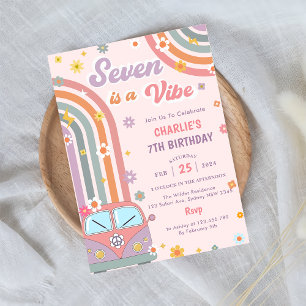 Seven Is A Vibe Groovy Retro Daisy 7th Birthday  Invitation
