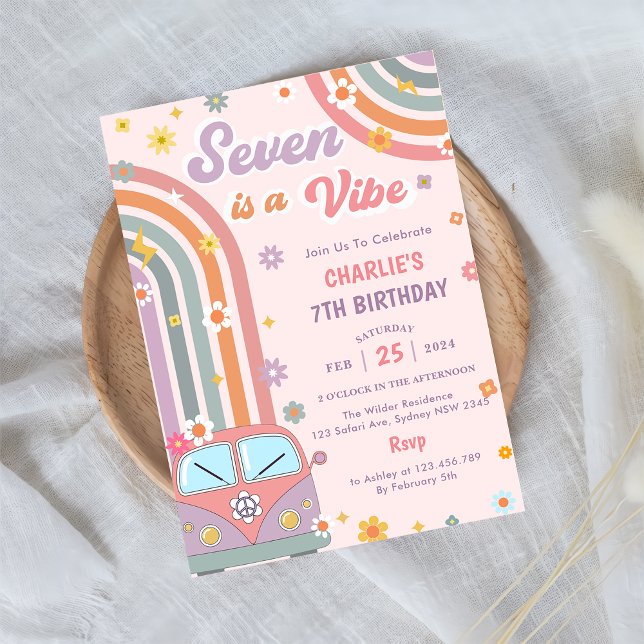Seven Is A Vibe Groovy Retro Daisy 7th Birthday  Invitation (Creator Uploaded)