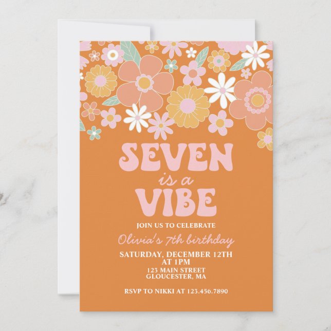 Seven is a vibe Groovy Retro Floral 7th birthday Invitation (Front)