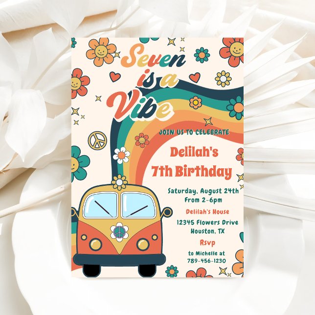 Seven Is A Vibe Groovy Retro Floral 7th Birthday Invitation (Creator Uploaded)