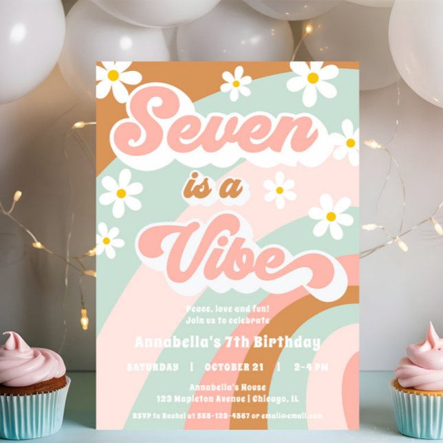 Seven is a Vibe groovy retro girl 7th birthday Invitation (Creator Uploaded)