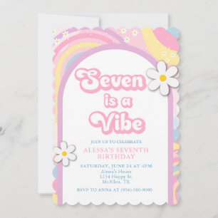 Seven is a Vibe Groovy, Retro Girl Pastel Colours Invitation
