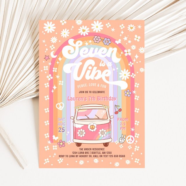 SEVEN is a Vibe Groovy Van Hippie 7th Birthday Invitation (Creator Uploaded)