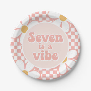 Seven is a Vibe Pink Daisy Chequered Paper Plate