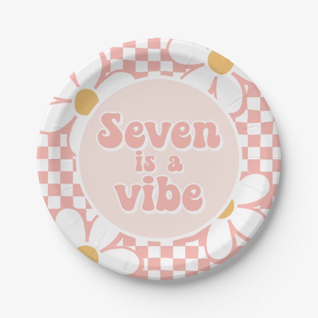 Seven is a Vibe Pink Daisy Chequered Paper Plate (Front)