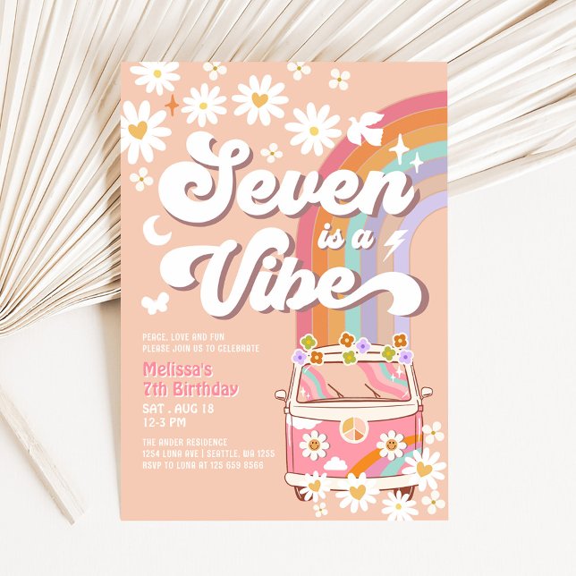 Seven is a Vibe Pink Daisy Groovy 7th Birthday Invitation (Creator Uploaded)