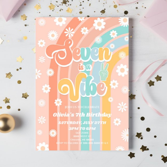 Seven Is A Vibe Rainbow Daisy 7th Birthday Party Invitation (Creator Uploaded)