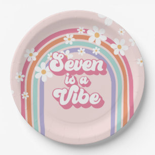 Seven is a Vibe Rainbow Pink 7th Birthday Paper Plate