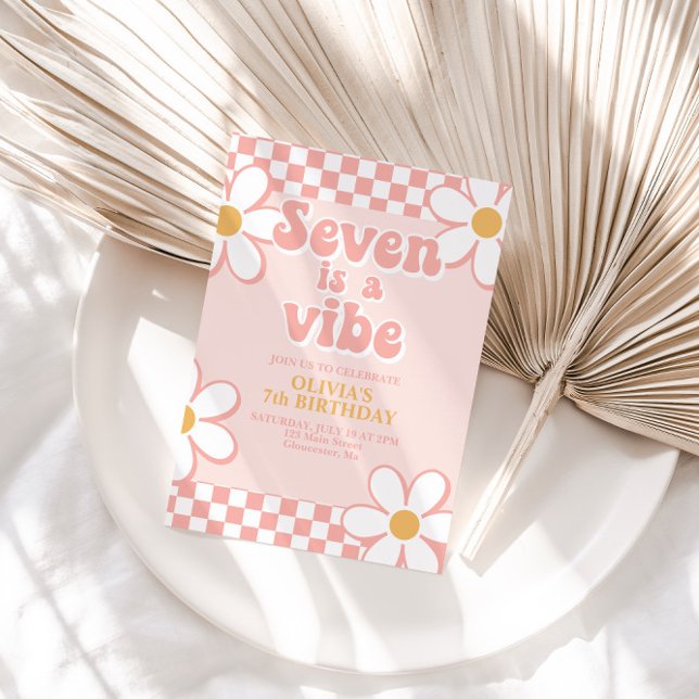 Seven is a Vibe Retro Check Pink Daisy Invitation (Creator Uploaded)