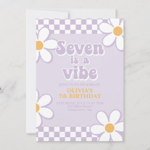 Seven is a Vibe Retro Check Purple Daisy Invitation