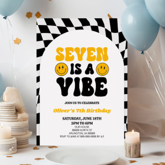 Seven Is A Vibe Retro First 7th Birthday Party Invitation