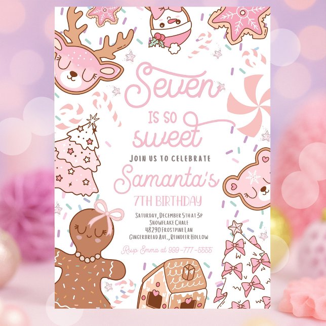 Seven Is So Sweet Girl Christmas Cookie Birthday  Invitation (Seven Is So Sweet girl Christmas cookie birthday party with festive holiday décor, colorful cookies,)