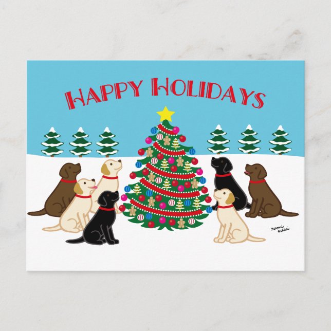 Seven Labradors and Christmas Tree Postcard (Front)