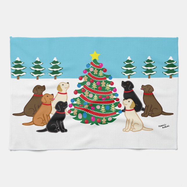 Seven Labradors and Christmas Tree Tea Towel (Horizontal)