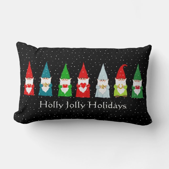 Seven Lucky Christmas Gnomes on Black Lumbar Cushion (Front)