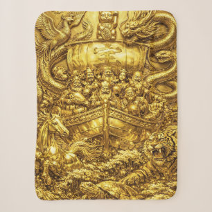 Seven Lucky Gods -Japanese Gods- Golden shine Sherpa Blanket