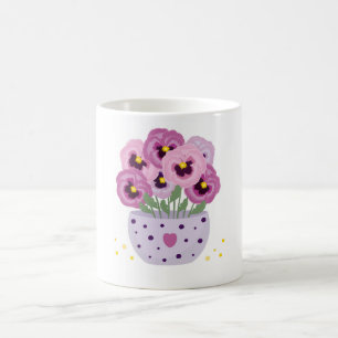 Seven pink pansies in a vase coffee mug