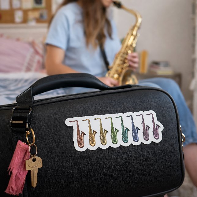 Seven Rainbow Saxophones Colorful Instruments (A die cut sticker of rainbow saxophones.)