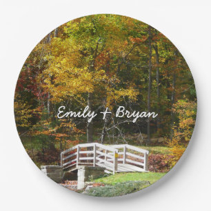 Seven Springs Fall Bridge I Autumn Landscape Paper Plate