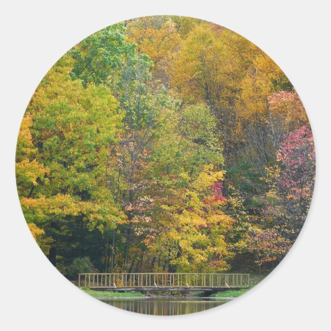 Seven Springs Fall Bridge II Autumn Landscape Classic Round Sticker (Front)