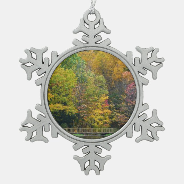 Seven Springs Fall Bridge II Autumn Landscape Snowflake Pewter Christmas Ornament (Front)