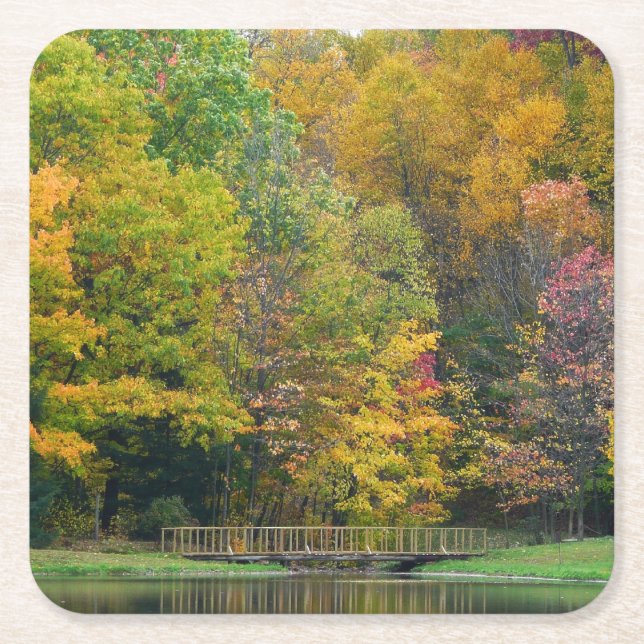 Seven Springs Fall Bridge II Autumn Landscape Square Paper Coaster (Front)