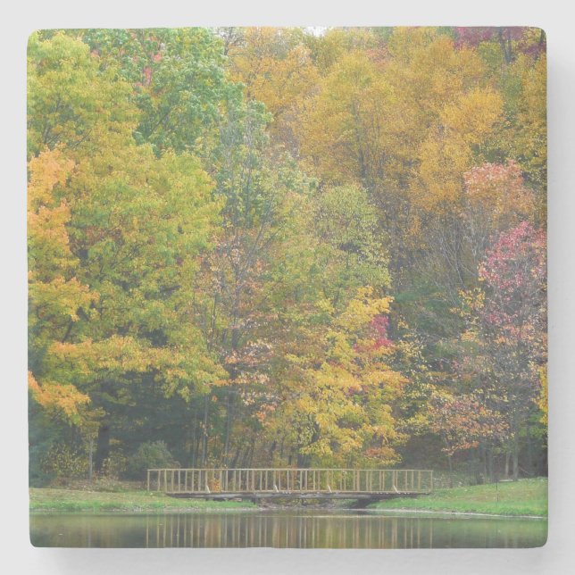 Seven Springs Fall Bridge II Autumn Landscape Stone Coaster (Front)