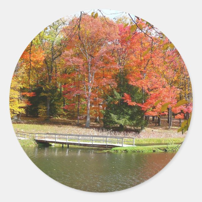 Seven Springs Fall Bridge III Autumn Landscape Classic Round Sticker (Front)