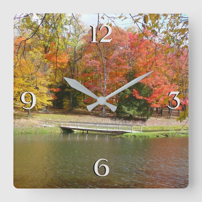 Seven Springs Fall Bridge III Autumn Landscape Square Wall Clock (Front)