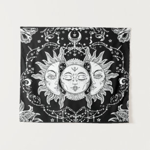 Seven Stars Three face Sun and Moon Aesthetic Tapestry