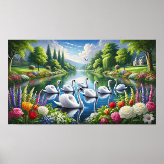 Seven Swans Swimming  Poster