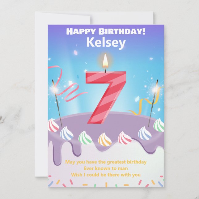Seven year old Happy Birthday card personalised (Front)