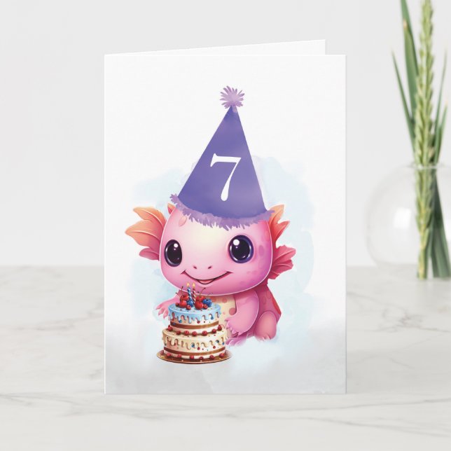 Seventh 7th Birthday Cute Pink Axolotl Card (Front)