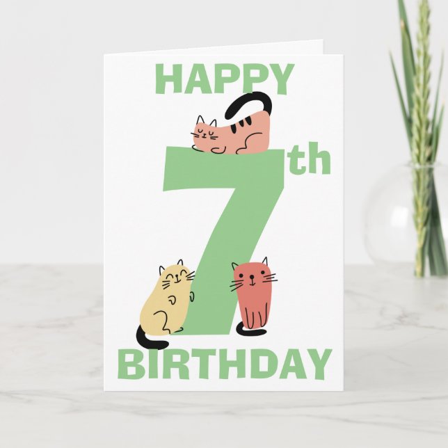 Seventh (7th) Birthday Doodle Cats Custom Message Card (Front)
