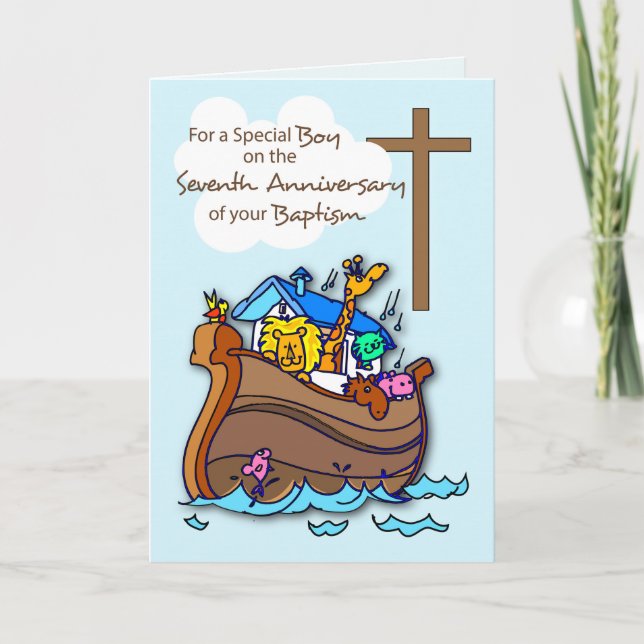 Seventh Anniversary of Baptism Boy Noah's Ark Card (Front)