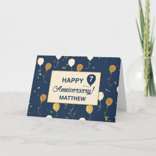 Seventh Employee Anniversary Gold Look Balloons Card