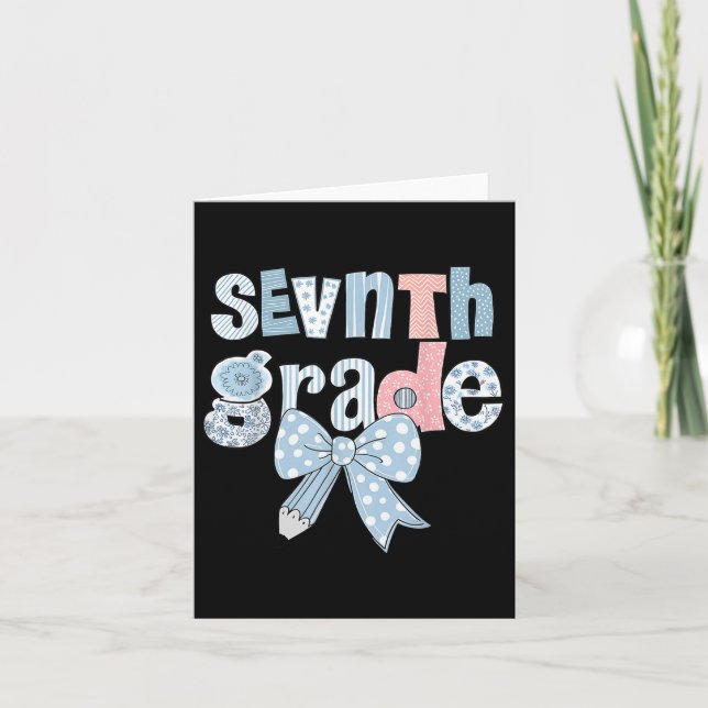 Seventh Grade Coquette Bow Pencil First Day Back T Card (Front)