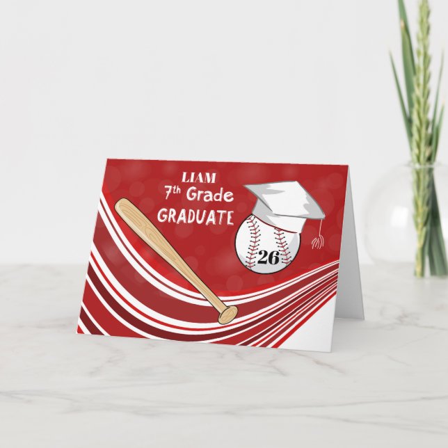 Seventh Grade Graduation Baseball Bat Red Hat Card (Front)