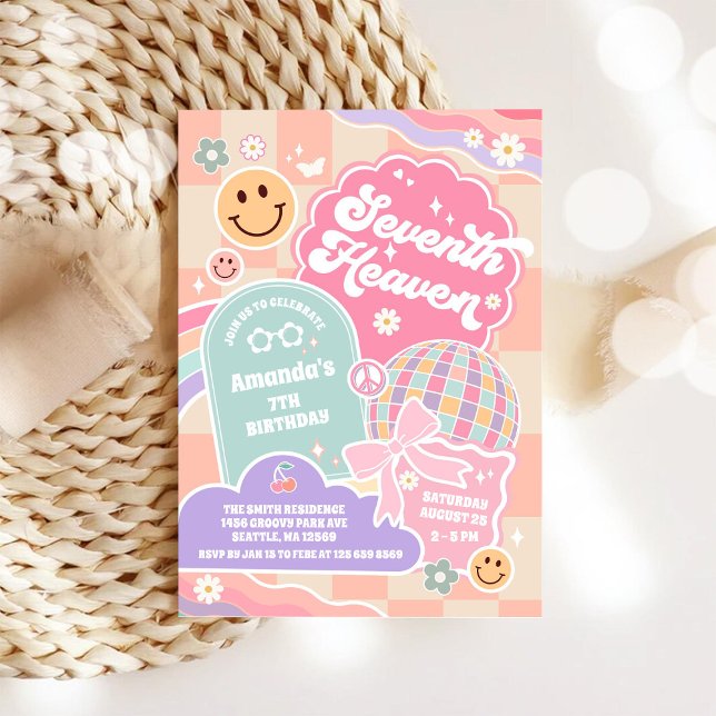 Seventh Heaven Cloud Rainbow Disco 7th Birthday  Invitation (Creator Uploaded)