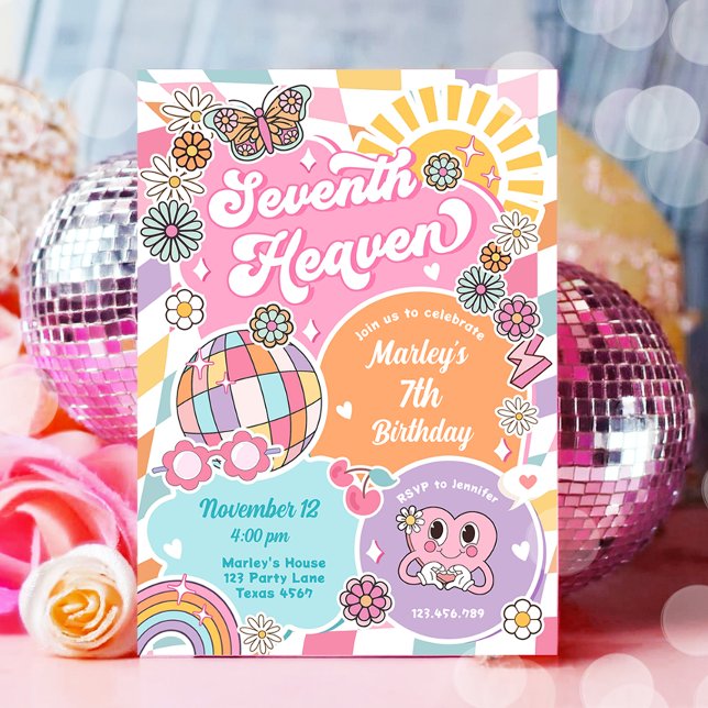 Seventh Heaven Girl Retro Preppy Varsity Birthday Invitation (Creator Uploaded)