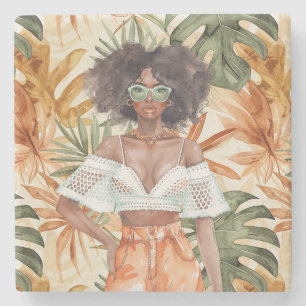 Seventies Black Girl Orange Green Leaves Cool Cat Stone Coaster