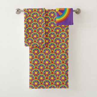 Seventies Style Rainbows and Sun Graphic Pattern Bath Towel Set