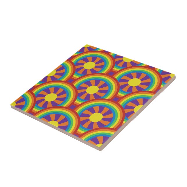 Seventies Style Rainbows and Sun Graphic Pattern Ceramic Tile (Side)