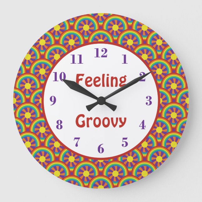 Seventies Style Rainbows and Sun Graphic Pattern L Large Clock (Front)