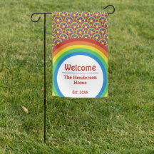 Seventies Style Rainbows and Sun Graphic Welcome