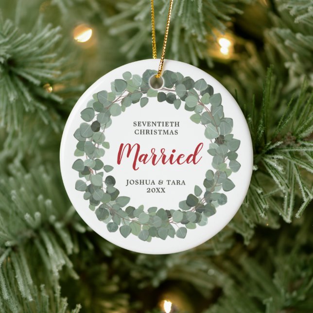 Seventieth Christmas Married Personalised Wreath Ceramic Ornament (Tree)