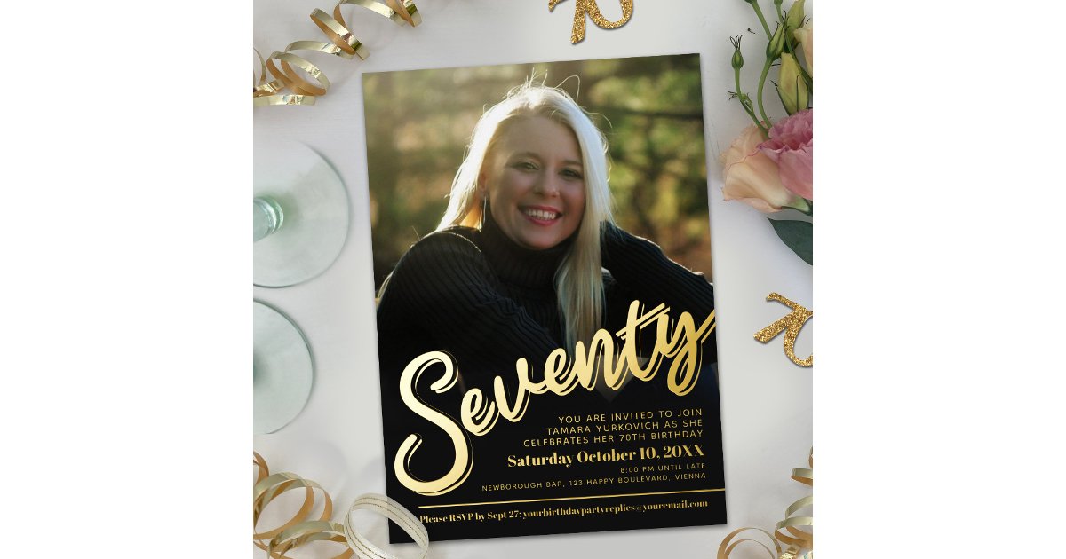 Seventy 70th Birthday custom photo script gold | Zazzle