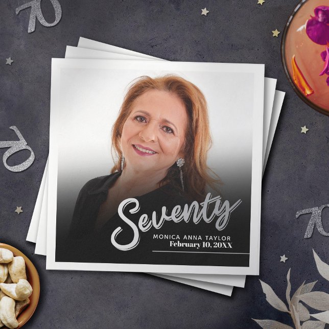 Seventy 70th Birthday custom photo script silver Napkin (Creator Uploaded)