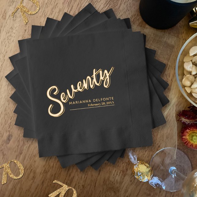 Seventy 70th birthday party black gold foil napkins (Creator Uploaded)