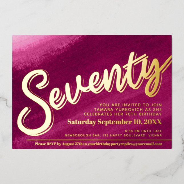 Seventy 70th Birthday party gold red pink wash (Front)